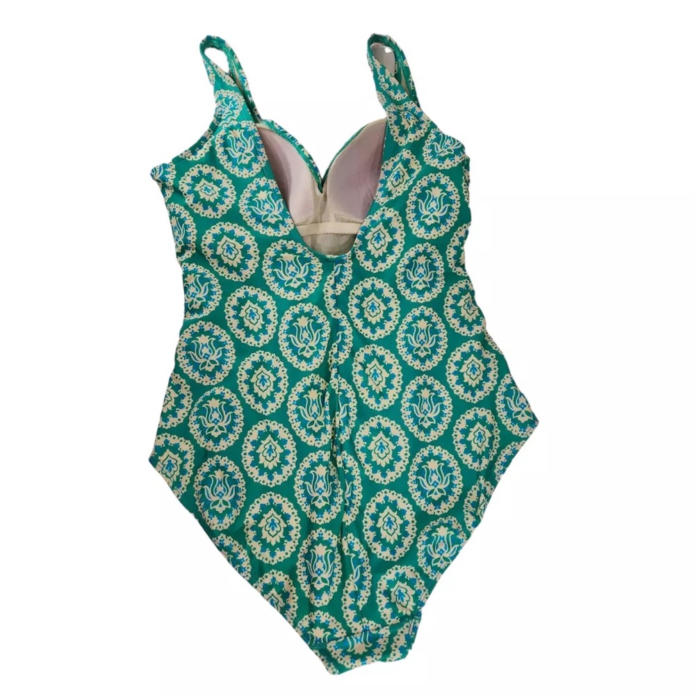 Boden Wrap Front One Piece SwimSuit sz 12 Women Teal Blue Green Floral - Picture 2 of 8